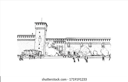 Building view with landmark of San Marino is a mountainous microstate surrounded by north-central Italy. Hand drawn sketch illustration in vector.