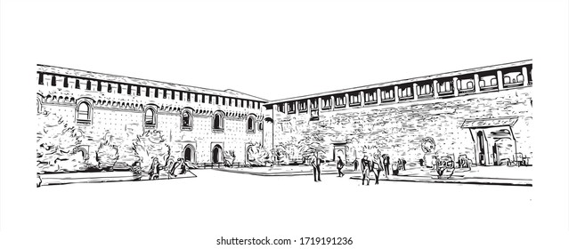 Building view with landmark of San Marino is a mountainous microstate surrounded by north-central Italy. Hand drawn sketch illustration in vector.