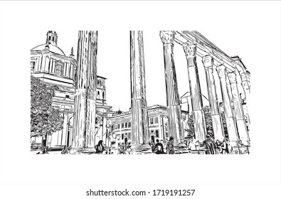 Building view with landmark of San Marino is a mountainous microstate surrounded by north-central Italy. Hand drawn sketch illustration in vector.