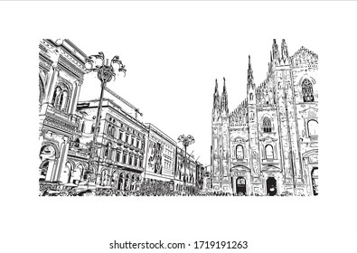 Building view with landmark of San Marino is a mountainous microstate surrounded by north-central Italy. Hand drawn sketch illustration in vector.