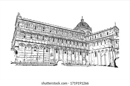 Building view with landmark of San Marino is a mountainous microstate surrounded by north-central Italy. Hand drawn sketch illustration in vector.