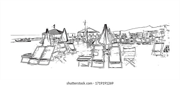 Building view with landmark of San Marino is a mountainous microstate surrounded by north-central Italy. Hand drawn sketch illustration in vector.
