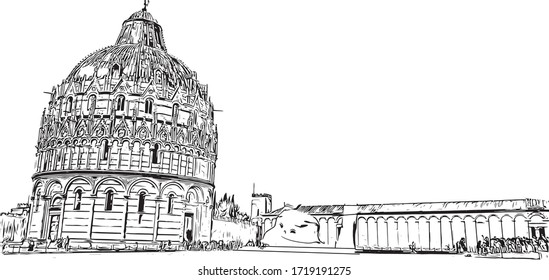 Building view with landmark of San Marino is a mountainous microstate surrounded by north-central Italy. Hand drawn sketch illustration in vector.