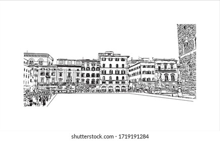 Building view with landmark of San Marino is a mountainous microstate surrounded by north-central Italy. Hand drawn sketch illustration in vector.