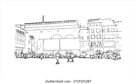 Building view with landmark of San Marino is a mountainous microstate surrounded by north-central Italy. Hand drawn sketch illustration in vector.