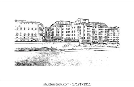 Building view with landmark of San Marino is a mountainous microstate surrounded by north-central Italy. Hand drawn sketch illustration in vector.