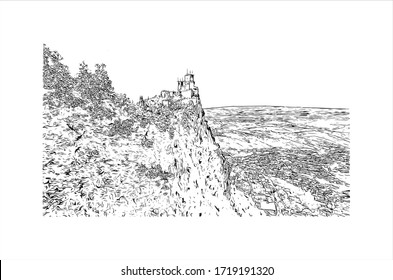 Building view with landmark of San Marino is a mountainous microstate surrounded by north-central Italy. Hand drawn sketch illustration in vector.