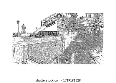 Building view with landmark of San Marino is a mountainous microstate surrounded by north-central Italy. Hand drawn sketch illustration in vector.