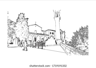 Building view with landmark of San Marino is a mountainous microstate surrounded by north-central Italy. Hand drawn sketch illustration in vector.