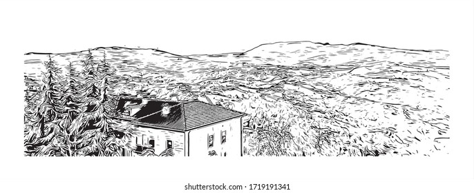 Building view with landmark of San Marino is a mountainous microstate surrounded by north-central Italy. Hand drawn sketch illustration in vector.