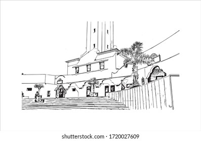 Building view with landmark of Santa Cruz de Tenerife is a port city on the island of Tenerife, in Spain’s Canary Islands. Hand drawn sketch illustration in vector.