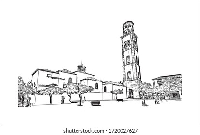 Building view with landmark of Santa Cruz de Tenerife is a port city on the island of Tenerife, in Spain’s Canary Islands. Hand drawn sketch illustration in vector.