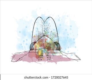 Building view with landmark of Santa Cruz de Tenerife is a port city on the island of Tenerife, in Spain’s Canary Islands. Watercolor splash with Hand drawn sketch illustration in vector.