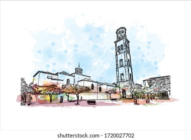 Building view with landmark of Santa Cruz de Tenerife is a port city on the island of Tenerife, in Spain’s Canary Islands. Watercolor splash with Hand drawn sketch illustration in vector.