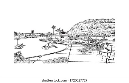 Building view with landmark of Santa Cruz de Tenerife is a port city on the island of Tenerife, in Spain’s Canary Islands. Hand drawn sketch illustration in vector.