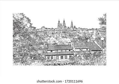 Building view with landmark of Santiago de Compostela is the capital of northwest Spain’s Galicia region. Hand drawn sketch illustration in vector.