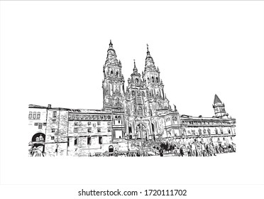 Las vistas al edificio de Santiago de Compostela son la capital de la región gallega del noroeste de España. Dibujo dibujado a mano en vector.