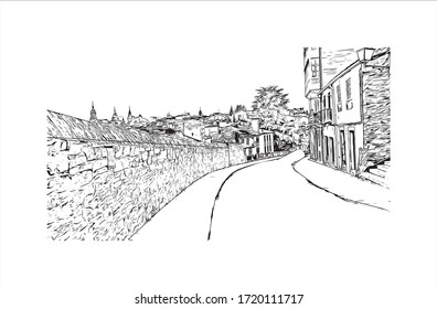 Building view with landmark of Santiago de Compostela is the capital of northwest Spain’s Galicia region. Hand drawn sketch illustration in vector.