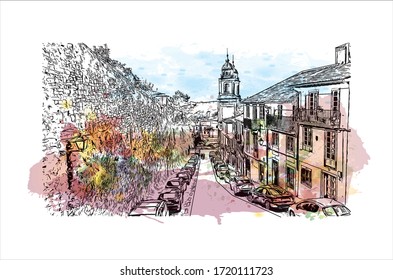 Building view with landmark of Santiago de Compostela is the capital of northwest Spain’s Galicia region. Watercolor splash with Hand drawn sketch illustration in vector.