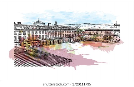Building view with landmark of Santiago de Compostela is the capital of northwest Spain’s Galicia region. Watercolor splash with Hand drawn sketch illustration in vector.