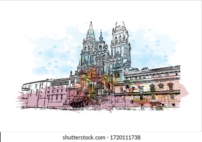 Building view with landmark of Santiago de Compostela is the capital of northwest Spain’s Galicia region. Watercolor splash with Hand drawn sketch illustration in vector.