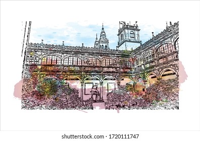 Building view with landmark of Santiago de Compostela is the capital of northwest Spain’s Galicia region. Watercolor splash with Hand drawn sketch illustration in vector.
