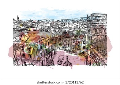 Building view with landmark of Santiago de Compostela is the capital of northwest Spain’s Galicia region. Watercolor splash with Hand drawn sketch illustration in vector.