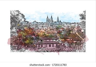 Building view with landmark of Santiago de Compostela is the capital of northwest Spain’s Galicia region. Watercolor splash with Hand drawn sketch illustration in vector.