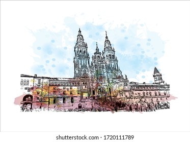 Las vistas al edificio de Santiago de Compostela son la capital de la región gallega del noroeste de España. Sacudida de color de agua con ilustración de esbozo dibujada a mano en vector.