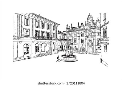 Building view with landmark of Santiago de Compostela is the capital of northwest Spain’s Galicia region. Hand drawn sketch illustration in vector.