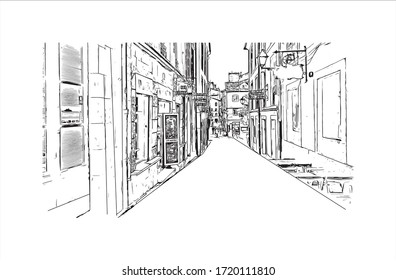 Building view with landmark of Santiago de Compostela is the capital of northwest Spain’s Galicia region. Hand drawn sketch illustration in vector.