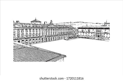 Building view with landmark of Santiago de Compostela is the capital of northwest Spain’s Galicia region. Hand drawn sketch illustration in vector.