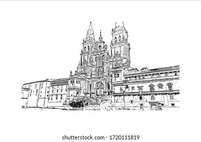 Building view with landmark of Santiago de Compostela is the capital of northwest Spain’s Galicia region. Hand drawn sketch illustration in vector.