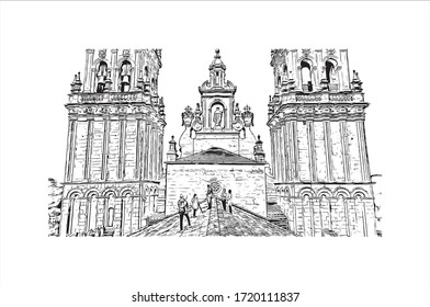 Building view with landmark of Santiago de Compostela is the capital of northwest Spain’s Galicia region. Hand drawn sketch illustration in vector.