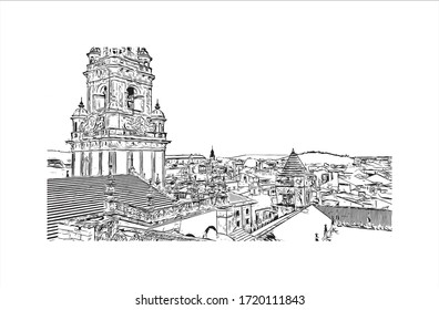 Building view with landmark of Santiago de Compostela is the capital of northwest Spain’s Galicia region. Hand drawn sketch illustration in vector.