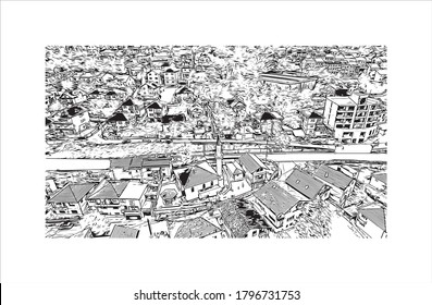 Building view with landmark of Sarajevo, capital of Bosnia and Herzegovina, is a compact city on the Miljacka River. Hand drawn sketch illustration in vector.