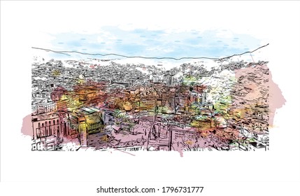 Building view with landmark of Sarajevo, capital of Bosnia and Herzegovina, is a compact city on the Miljacka River. Watercolor splash with hand drawn sketch illustration in vector.