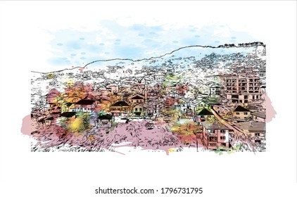 Building view with landmark of Sarajevo, capital of Bosnia and Herzegovina, is a compact city on the Miljacka River. Watercolor splash with hand drawn sketch illustration in vector.