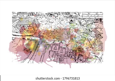 Building view with landmark of Sarajevo, capital of Bosnia and Herzegovina, is a compact city on the Miljacka River. Watercolor splash with hand drawn sketch illustration in vector.