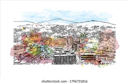 Building view with landmark of Sarajevo, capital of Bosnia and Herzegovina, is a compact city on the Miljacka River. Watercolor splash with hand drawn sketch illustration in vector.