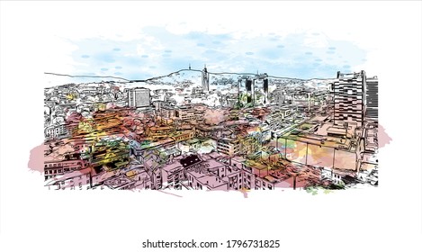 Building view with landmark of Sarajevo, capital of Bosnia and Herzegovina, is a compact city on the Miljacka River. Watercolor splash with hand drawn sketch illustration in vector.