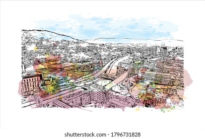 Building view with landmark of Sarajevo, capital of Bosnia and Herzegovina, is a compact city on the Miljacka River. Watercolor splash with hand drawn sketch illustration in vector.