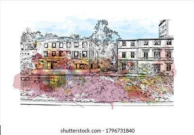 Building view with landmark of Sarajevo, capital of Bosnia and Herzegovina, is a compact city on the Miljacka River. Watercolor splash with hand drawn sketch illustration in vector.
