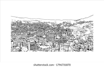 Building view with landmark of Sarajevo, capital of Bosnia and Herzegovina, is a compact city on the Miljacka River. Hand drawn sketch illustration in vector.