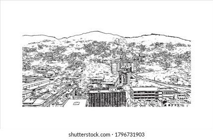 Building view with landmark of Sarajevo, capital of Bosnia and Herzegovina, is a compact city on the Miljacka River. Hand drawn sketch illustration in vector.