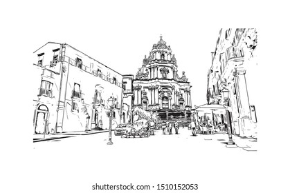 Building view with landmark of Scicli (Sicilia) is a town and municipality in the Province of Ragusa in the south east of Sicily, southern Italy. Hand drawn sketch illustration in vector.