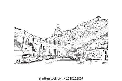 Building view with landmark of Scicli (Sicilia) is a town and municipality in the Province of Ragusa in the south east of Sicily, southern Italy. Hand drawn sketch illustration in vector.