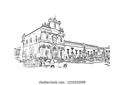 Building view with landmark of Scicli (Sicilia) is a town and municipality in the Province of Ragusa in the south east of Sicily, southern Italy. Hand drawn sketch illustration in vector.