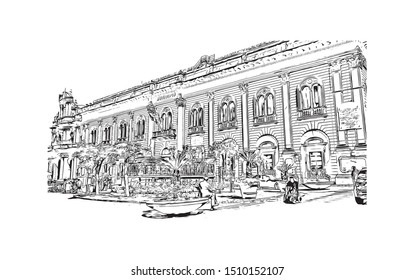 Building view with landmark of Scicli (Sicilia) is a town and municipality in the Province of Ragusa in the south east of Sicily, southern Italy. Hand drawn sketch illustration in vector.
