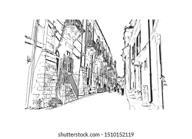 Building view with landmark of Scicli (Sicilia) is a town and municipality in the Province of Ragusa in the south east of Sicily, southern Italy. Hand drawn sketch illustration in vector.